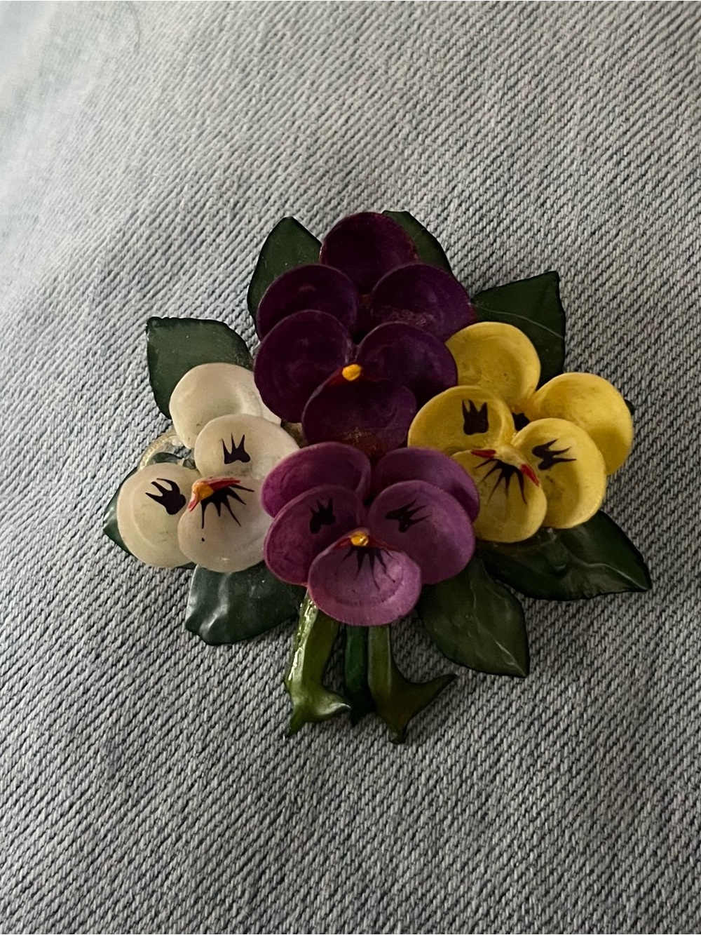 Vintage Purple, Yellow, and Cream Pansy Floral Brooch